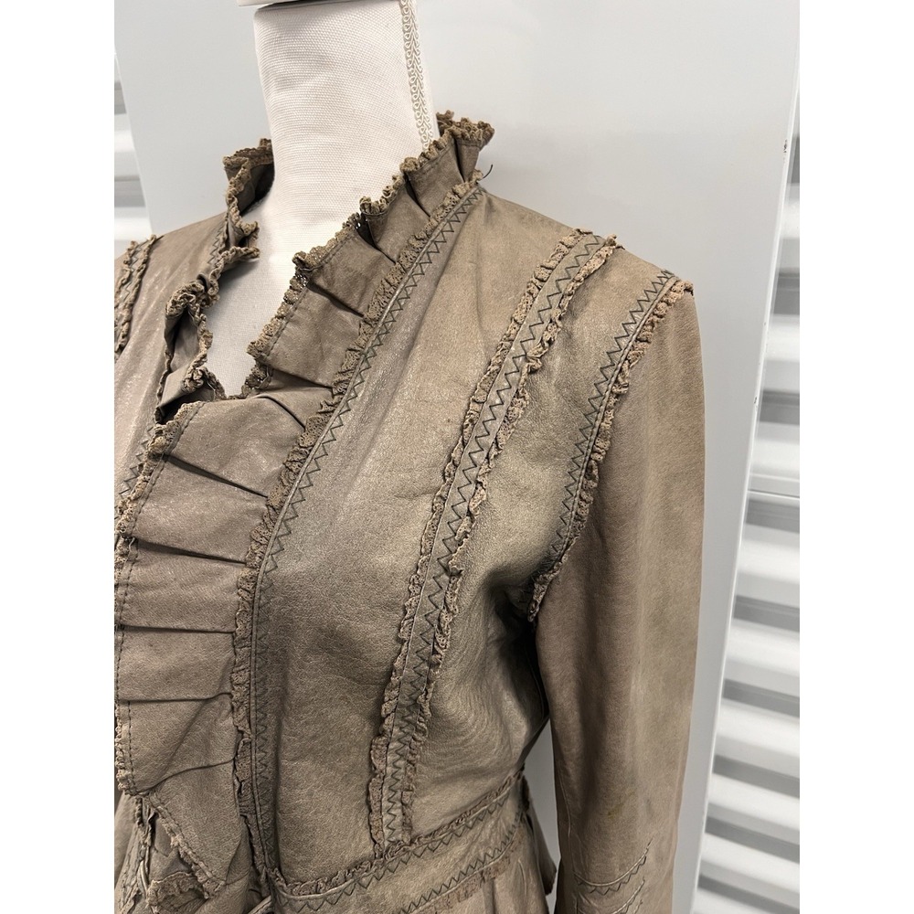 Vintage Y2K Moda International Grey Brown Genuine Leather Ruffle Jacket - Picture 11 of 16